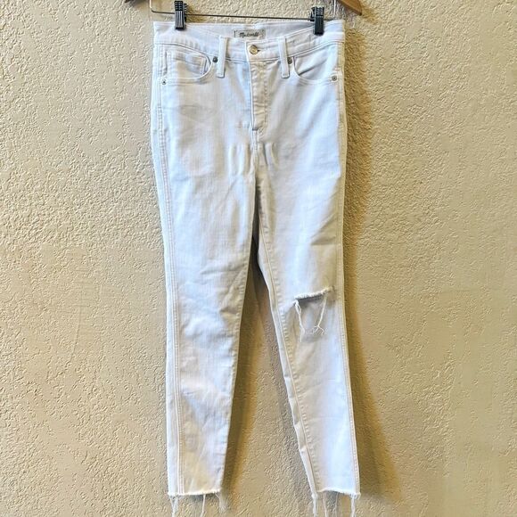 Madewell 10" High-Rise Skinny Jeans Sz 26 White Distressed Knee/Ankles - Picture 2 of 10
